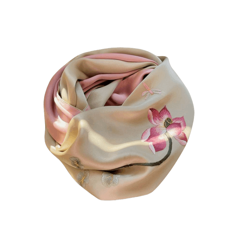 Handmade Su Embroidery 16 Momme Silk Scarf Lotus 155x35cm