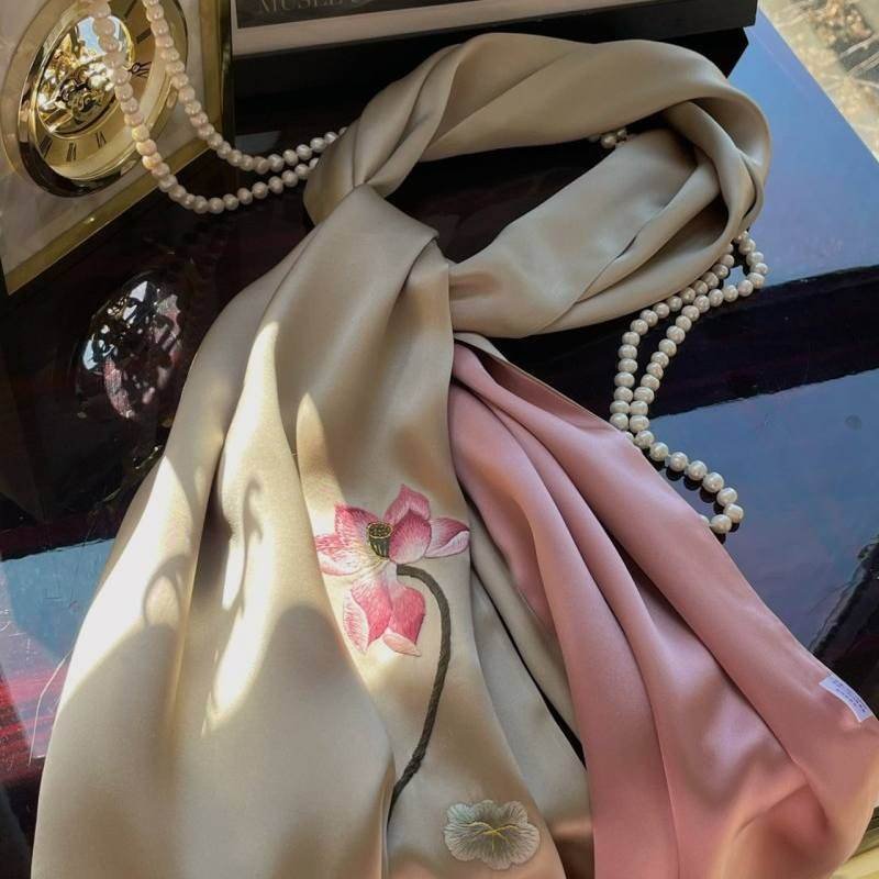 Handmade Su Embroidery 16 Momme Silk Scarf Lotus 155x35cm - Image 4