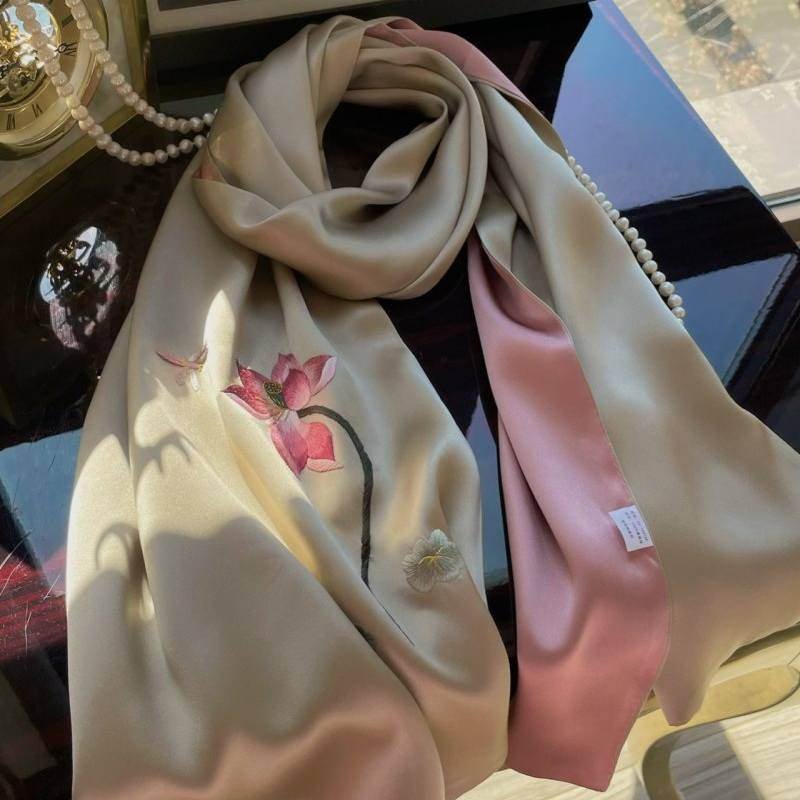Handmade Su Embroidery 16 Momme Silk Scarf Lotus 155x35cm - Image 5