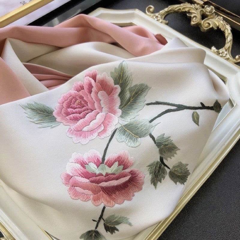 Handmade Su Embroidery 16 Momme Silk Scarf Peony 155x35cm - Image 2