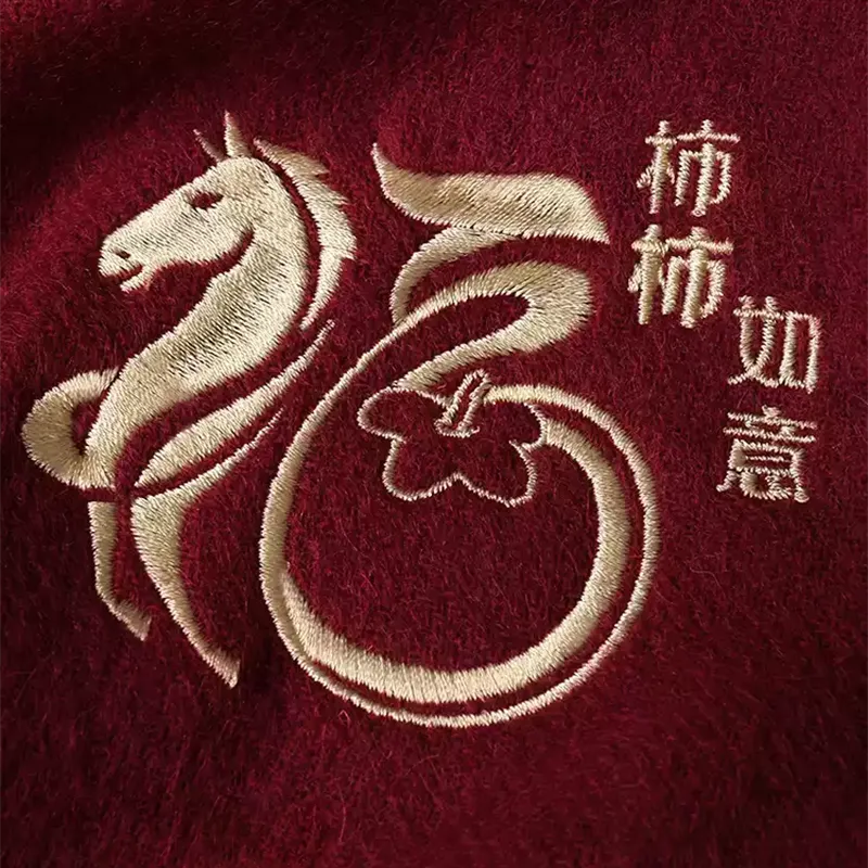 Luxury Embroidered Wool Cashmere Scarf – Horse & Persimmon Pattern - Image 3