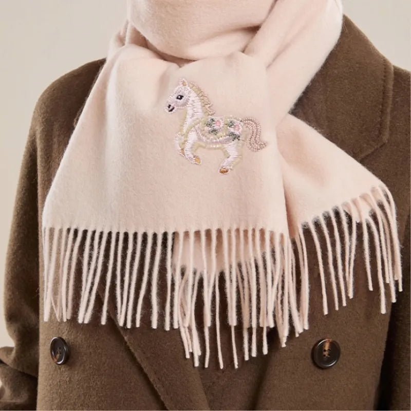 Embroidery Premium 100% Wool Cashmere Scarf Fortune Horse Pattern 180 x 30 cm - Image 6