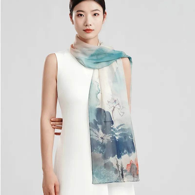 100% Mulberry Silk Ink Lotus Serene Design Long Scarf 180 x 50 Cm - Image 3