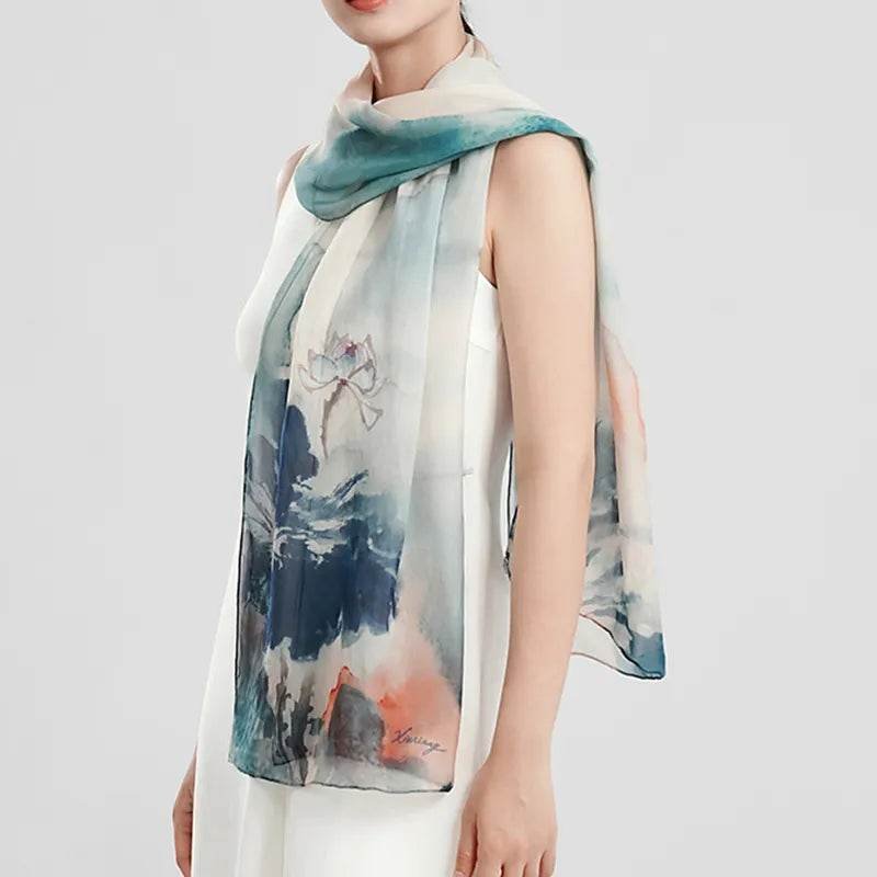 100% Mulberry Silk Ink Lotus Serene Design Long Scarf 180 x 50 Cm - Image 4