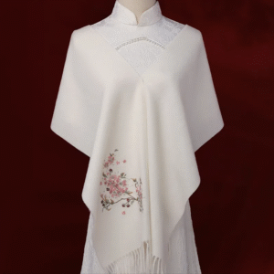 Embroidery 100% Wool Cashmere Scarf Camellia 180 x 30 cm