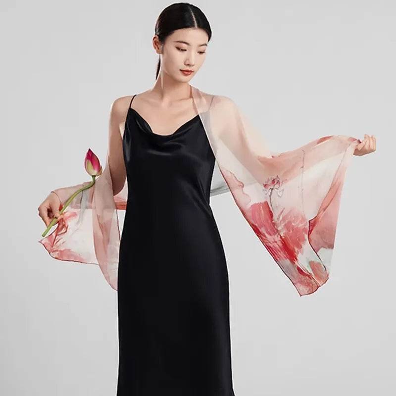 100% Mulberry Silk Ink Lotus Serene Design Long Scarf 180 x 50 Cm - Image 6